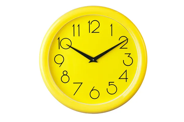 Yellow clock on a white background, place for your own text, pict — стоковое фото