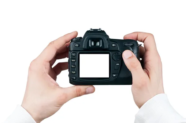 Digitalkamera i mannen handen, ta foto isolerad på vit, cli — Stockfoto