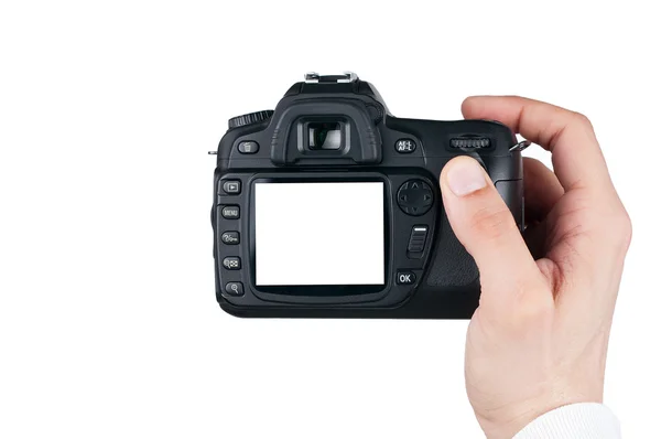 Câmera digital na mão do homem, tirando foto isolada no branco, caminho de recorte — Fotografia de Stock