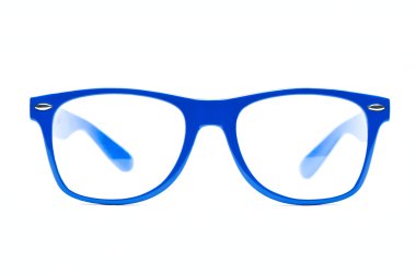 Blue nerd Glasses on white background with clipping path, place for text, picture clipart
