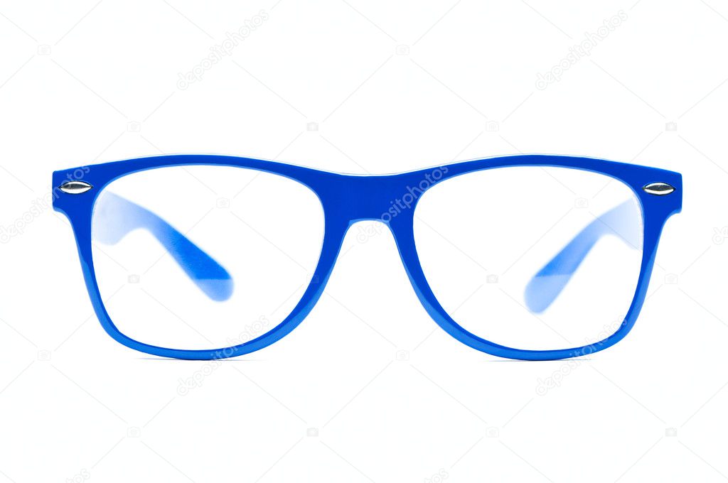 Blue nerd Glasses on white background with clipping path, place for text, picture