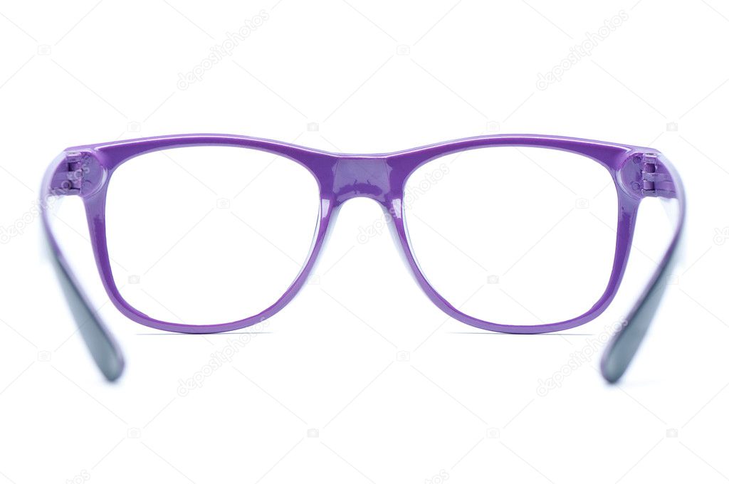Violet nerd Glasses on white background with clipping path, place for text, picture