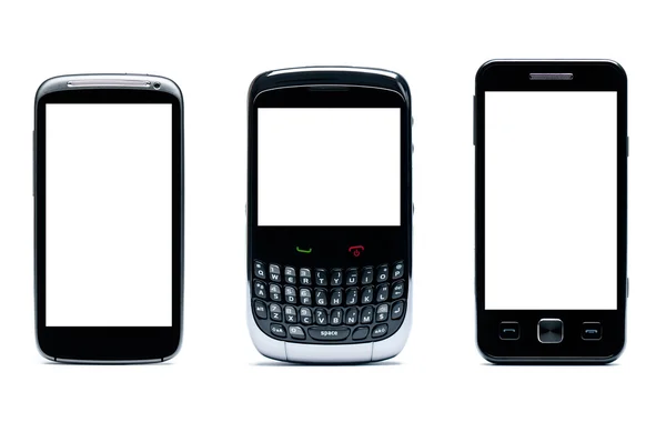Три класичні мобільні телефони на білому тлі - оригінальний дизайн. Смартфон на білому тлі з відсічними контурами — стокове фото