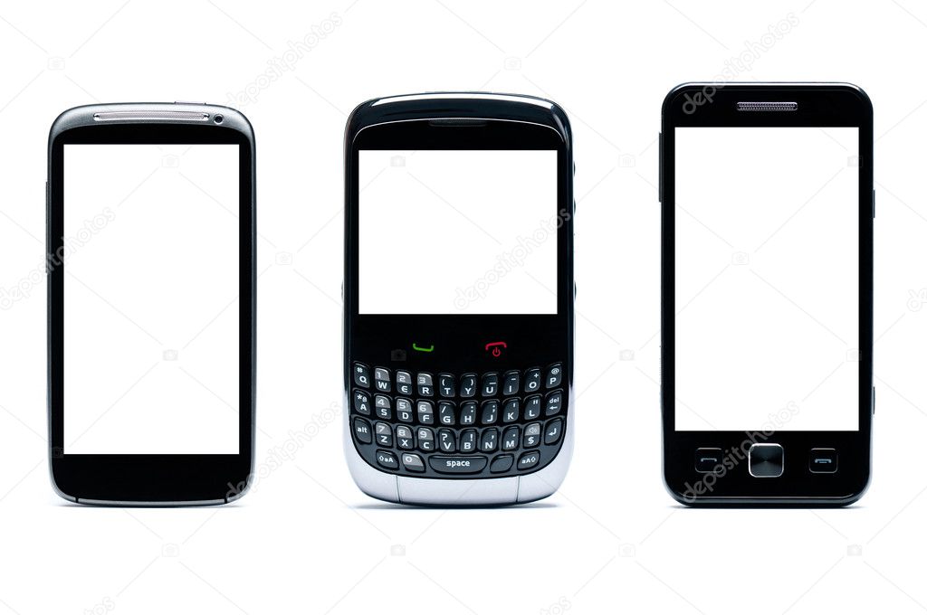 Three Classic Mobile phone on a white background - original design. Smart phone on white background, with clipping paths