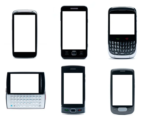 Set von Mobiltelefonen auf weißem Hintergrund - originelles Design. Smartphone auf weißem Hintergrund, mit Clipping-Pfaden (2) — Stockfoto