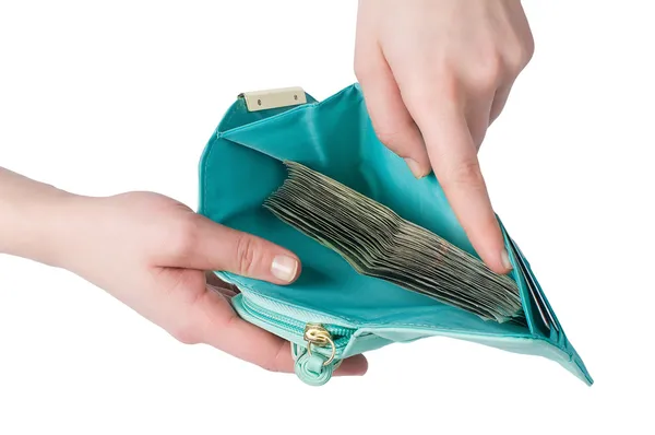 Öppna plånboken full med pengar på vit bakgrund — Stockfoto