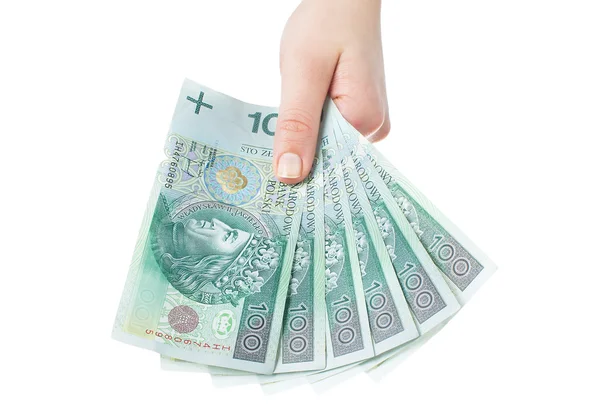 Banconote polacche cento in mani di donne su sfondo bianco — Foto Stock