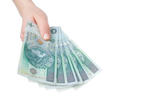 Польские банкноты сотни в руках женщин на белом фоне
