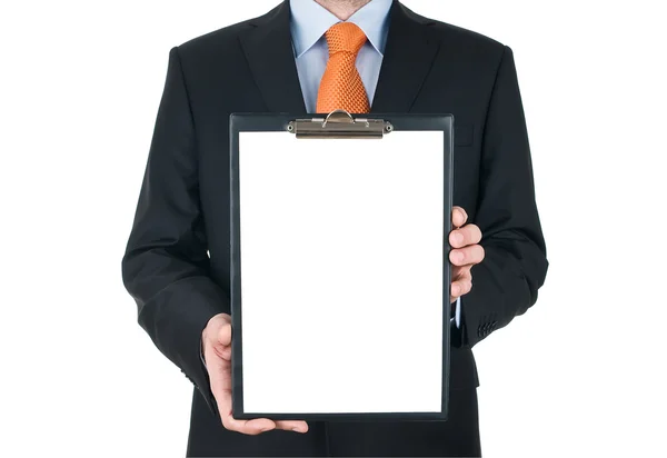 Empresario sosteniendo portapapeles en blanco aislado sobre fondo blanco —  Fotos de Stock