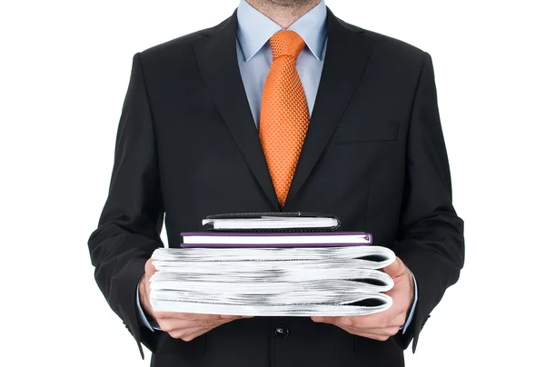 Молодой бизнесмен держит документы изолированы на белом фоне — стоковое фото