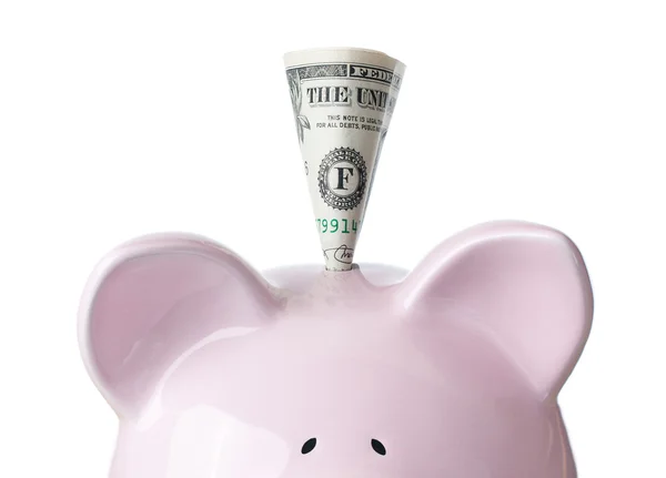 Hucha rosa con dólar sobre fondo blanco, Ahorro — Foto de Stock