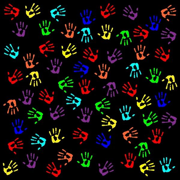 stock vector Pattern of colorful hand prints on a black background.