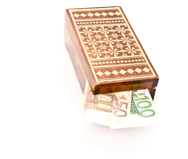 Caixa de madeira com dinheiro — Fotografia de Stock