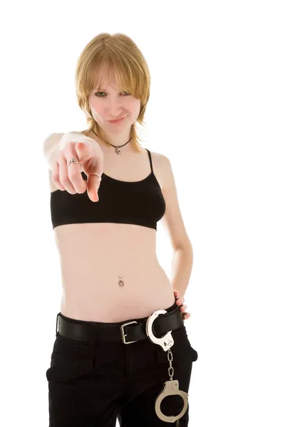 Блондинка з наручниками — стокове фото