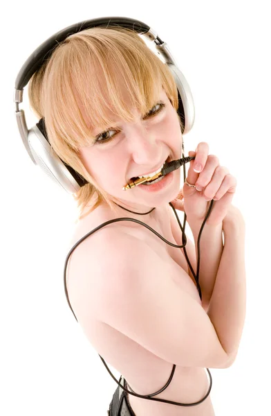 Kulaklık sarışın kız — Stok fotoğraf