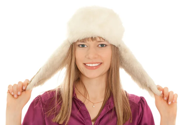 Woman in fur hat smiling — Stock Photo, Image