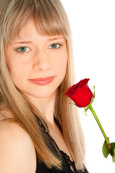 Krásná žena s červenou růží — Stock fotografie