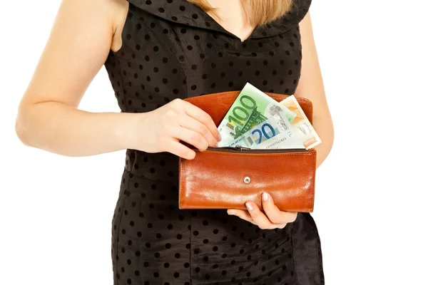 Mani di donna con borsa e denaro — Foto Stock