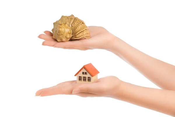 Kvinnans händer med små hus och conch — Stockfoto