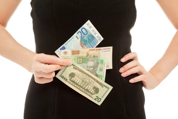 Ženské ruce s různými bankovky — Stock fotografie