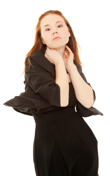 Schöne Frau im schwarzen Kleid isoliert — Stockfoto