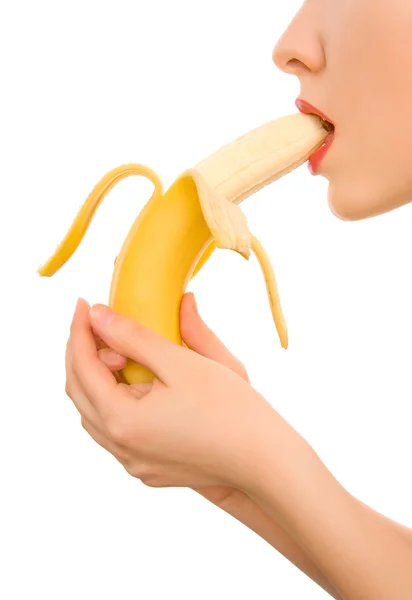 stock image Woman's hands and lips with banana