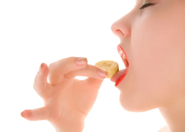 stock image Portrait of beautiful woman with a piece of banana