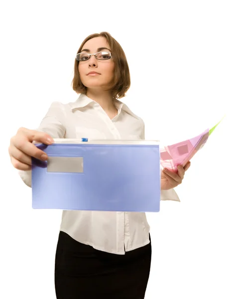 Γυναίκα σε λευκή μπλούζα με πολύχρωμη αρχεία — Φωτογραφία Αρχείου