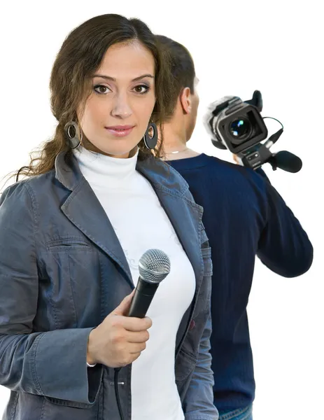 Teleoperadora y reportero de tv — Stockfoto