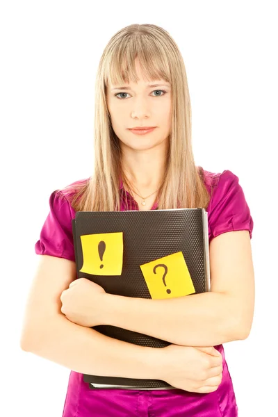 Businesswoman holding a folder with sticky — Stock Photo, Image