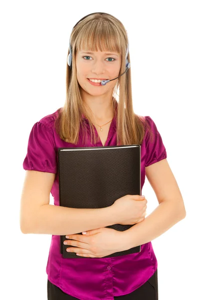 Business mulher serviço ao cliente segurando pasta preta — Fotografia de Stock