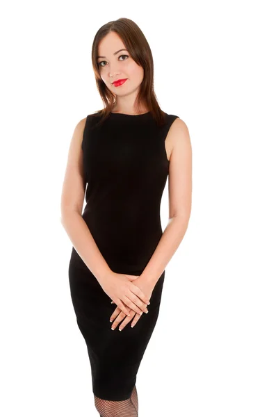 Mooie vrouw in kleine zwarte jurk geïsoleerd op wit — Stockfoto