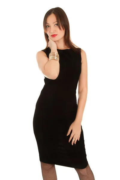 Vacker kvinna i liten svart klänning isolerad på vit — Stockfoto