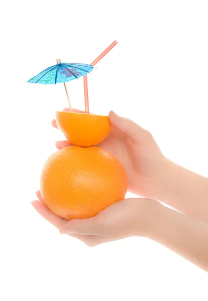 Woman's hands with creativity orange juice — Stock Photo, Image