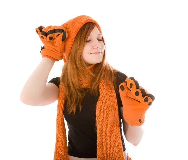 Red haired meisje in oranje hoed — Stockfoto