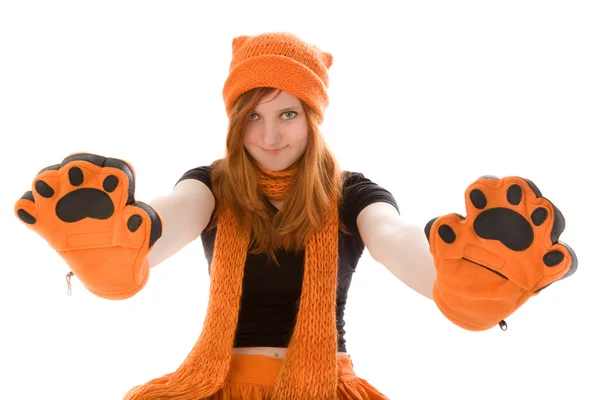 Rothaarige Mädchen mit orangefarbenem Hut — Stockfoto