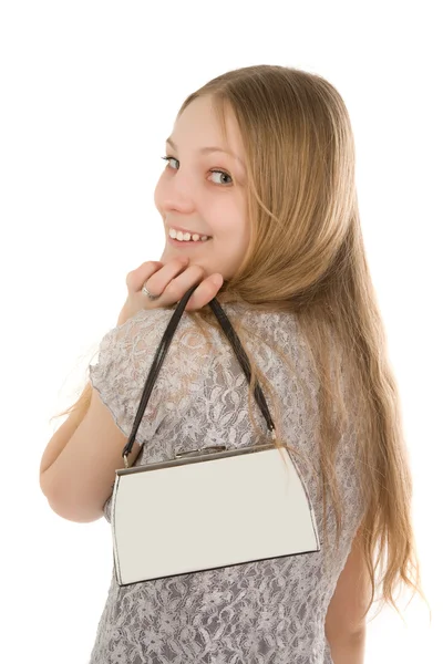 Улыбающаяся девушка с сумочкой — стоковое фото