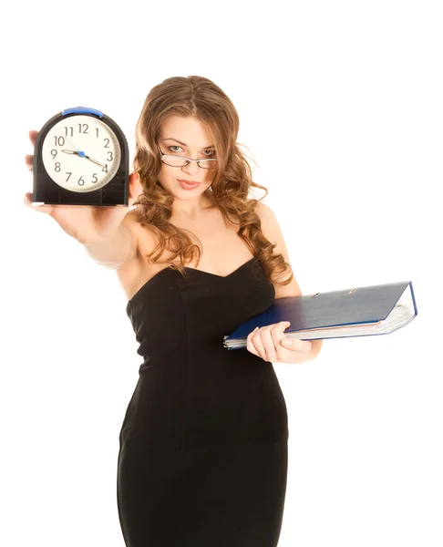 Businesswoman with alarm clock (focus on woman) — Stock Photo, Image