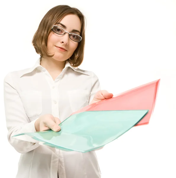 Picture of a girl in white offering two folders — Stock Photo, Image
