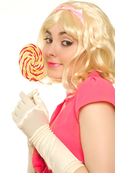 Vacker blond kvinna med lollipop — Stockfoto