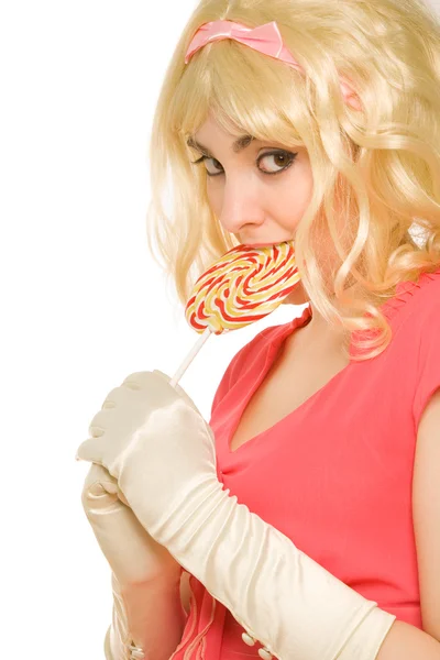 Piękne blond kobieta z lizak — Zdjęcie stockowe