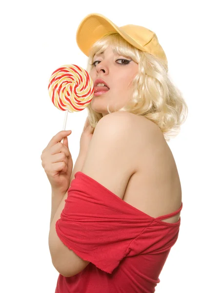 Woman in cap with lollipop — Stock Photo, Image