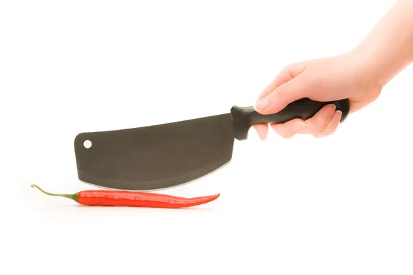 Kobiety w rękę z chili i nóż — Zdjęcie stockowe