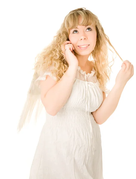Menina anjo loiro bonita com telefone — Fotografia de Stock
