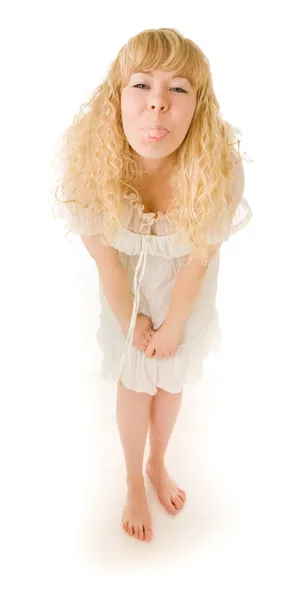 Zabawna dziewczyna blond grymasy — Zdjęcie stockowe