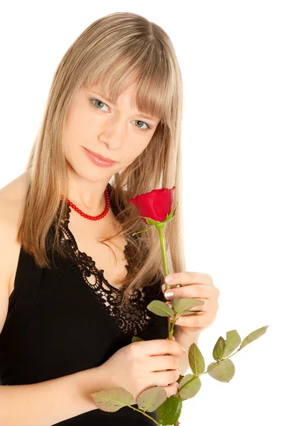 Gyönyörű nő piros rózsa elszigetelt fehér — Stock Fotó
