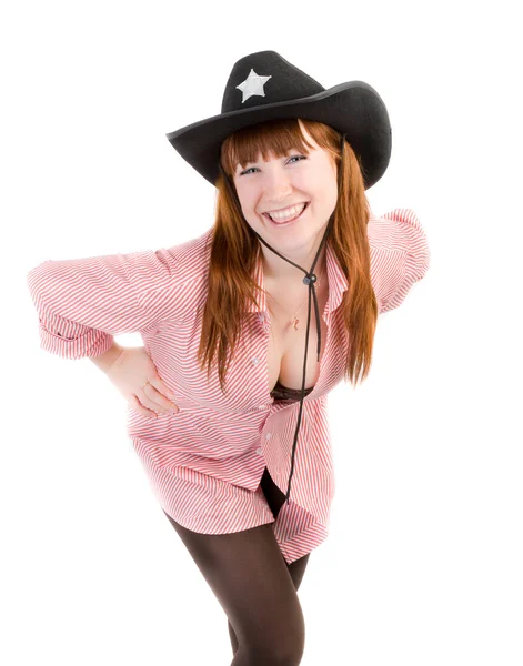 Czerwone włosy cowgirl w czarny kapelusz, patrząc na kamery — Zdjęcie stockowe