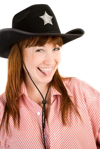 Cowgirl dai capelli rossi in smorzamento cappello — Foto Stock