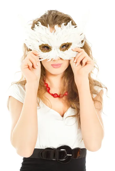 Beautiful woman in dress holding a mask isolated — Stock Photo, Image