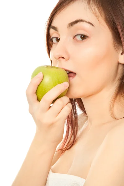 Mujer Beautiflul con manzana verde — Foto de Stock